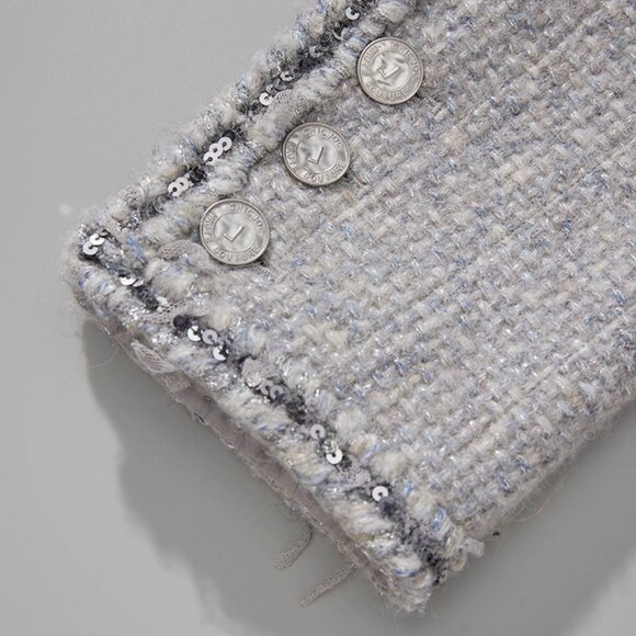 CHICJOC Handwoven Tweed Coat – Moonlight Grey with Night-Sky Sequin Fringe, Size - Picture 12 of 16